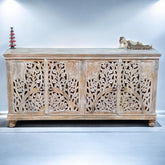 Handmade Carved Indian Mango Wood 4 Doors Sideboard White
